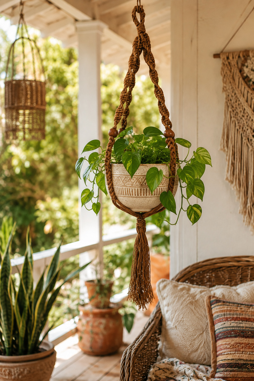 Vintage 60s 70s Macrame Plant Hanger Brown Wood Beads